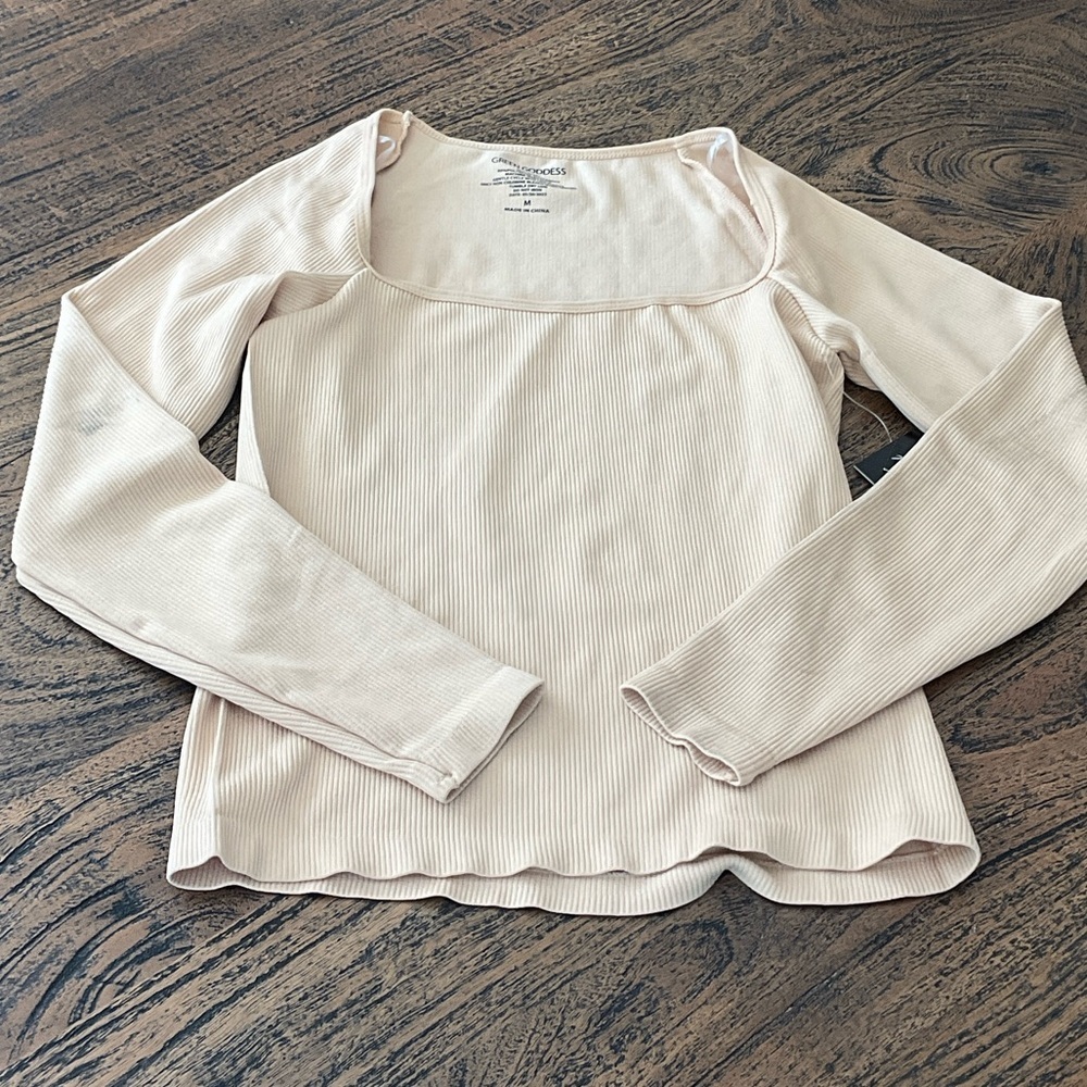 Goddess Cream Ribbed Long Sleeve Blouse